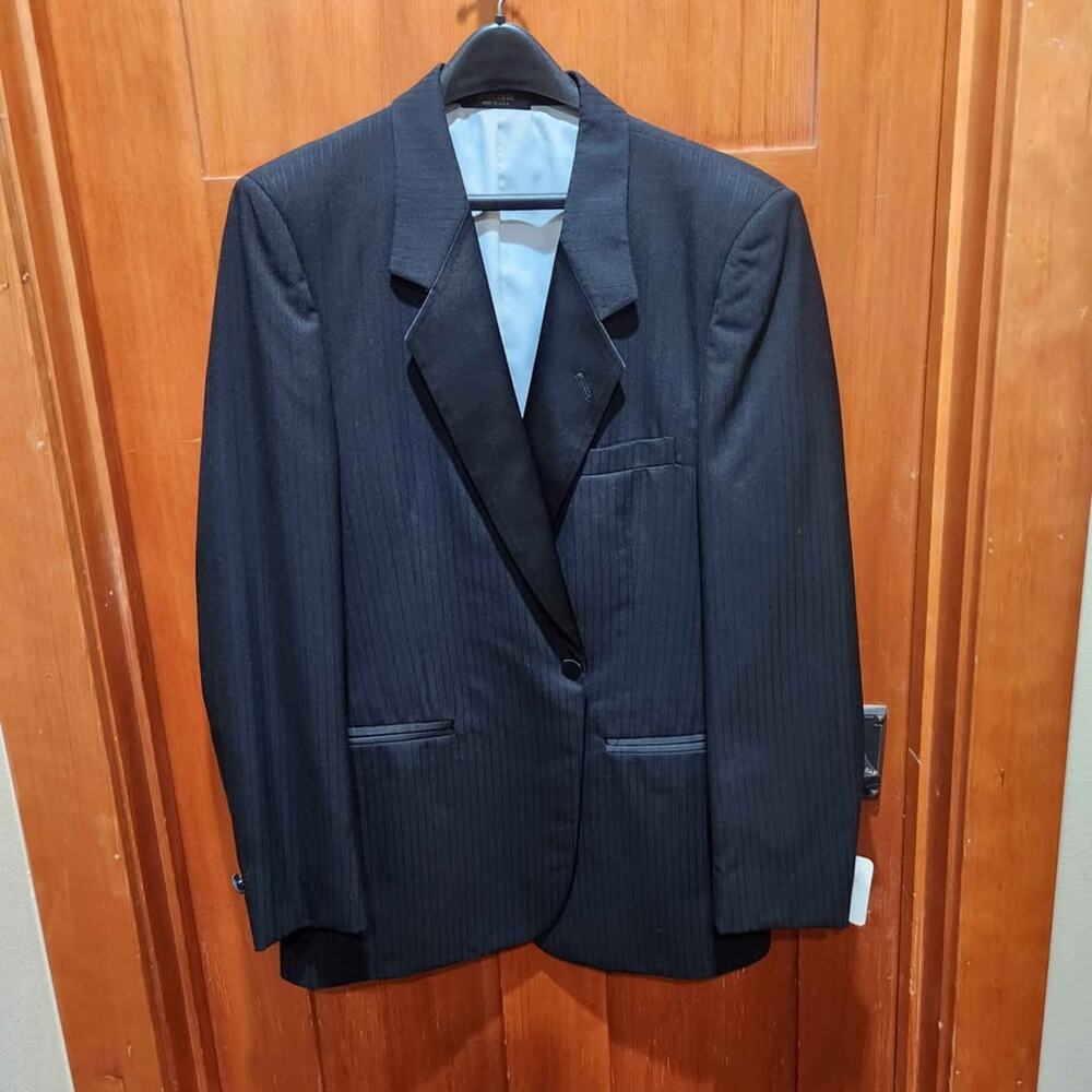 Pierre Cardin Couture Mens Vintage Black Tuxedo Suit Jacket Blazer 43L Long Wool